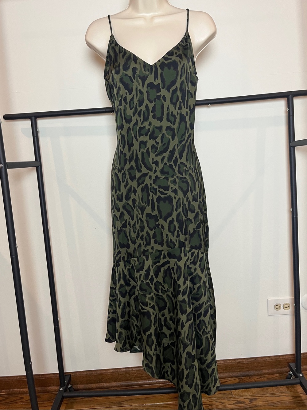Steve Madden Slip Maxi Dress Olive Green Animal-Print Glam Whimsigoth Medium NWT